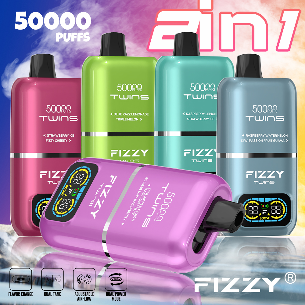 vapesocialcircle.com FIZZY TWINS 50K(50000) Puffs Dual flavors 50ML of e-liquid mesh coil 850mAh battery 2%/5% nicotine LCD Screen Disposable Vape