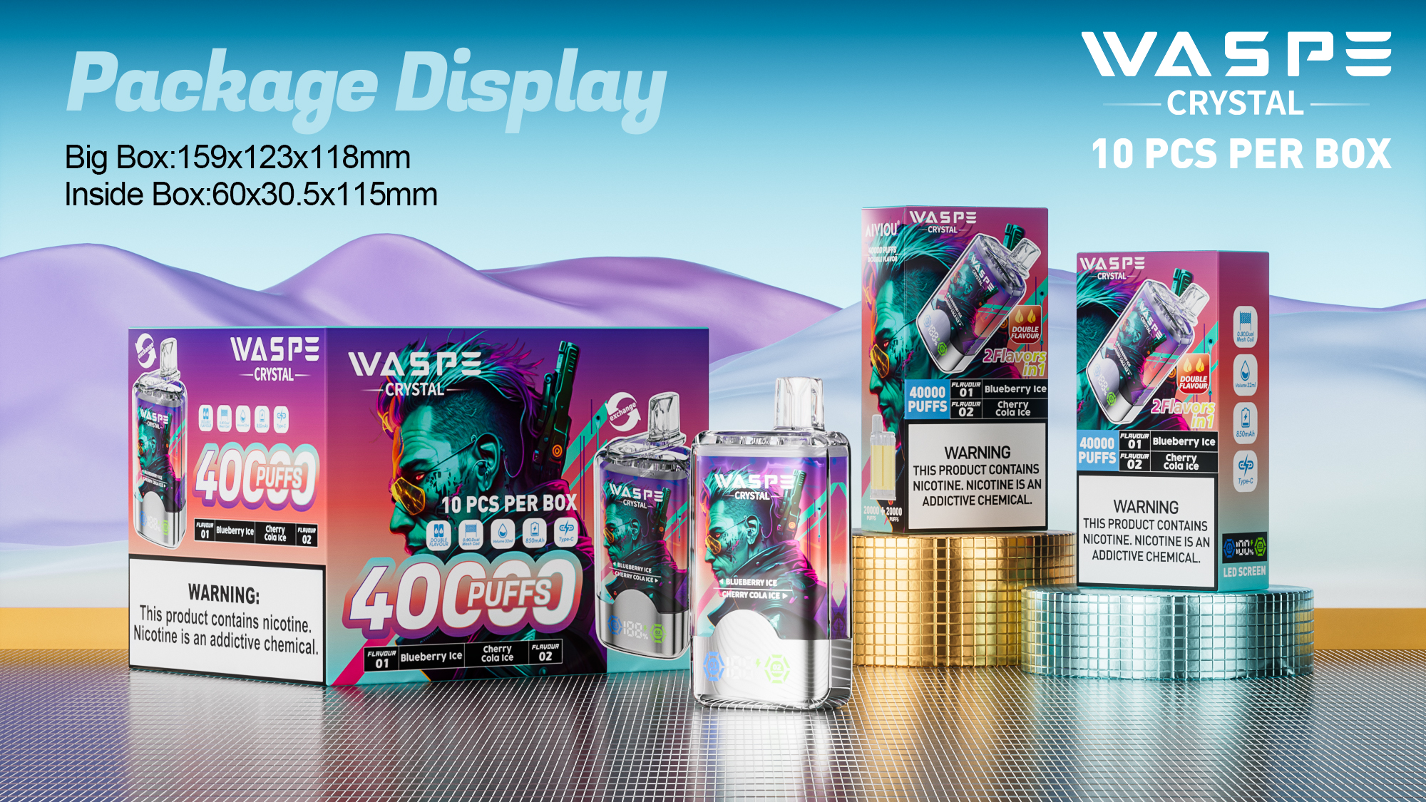 vapesocialcircle.com WASPE Crystal Double Flavors 40K(40000) Puffs 32mL e-liquid 0% 2% or 5% Nicotine Smart LED Display Type-C charging Disposable Vape