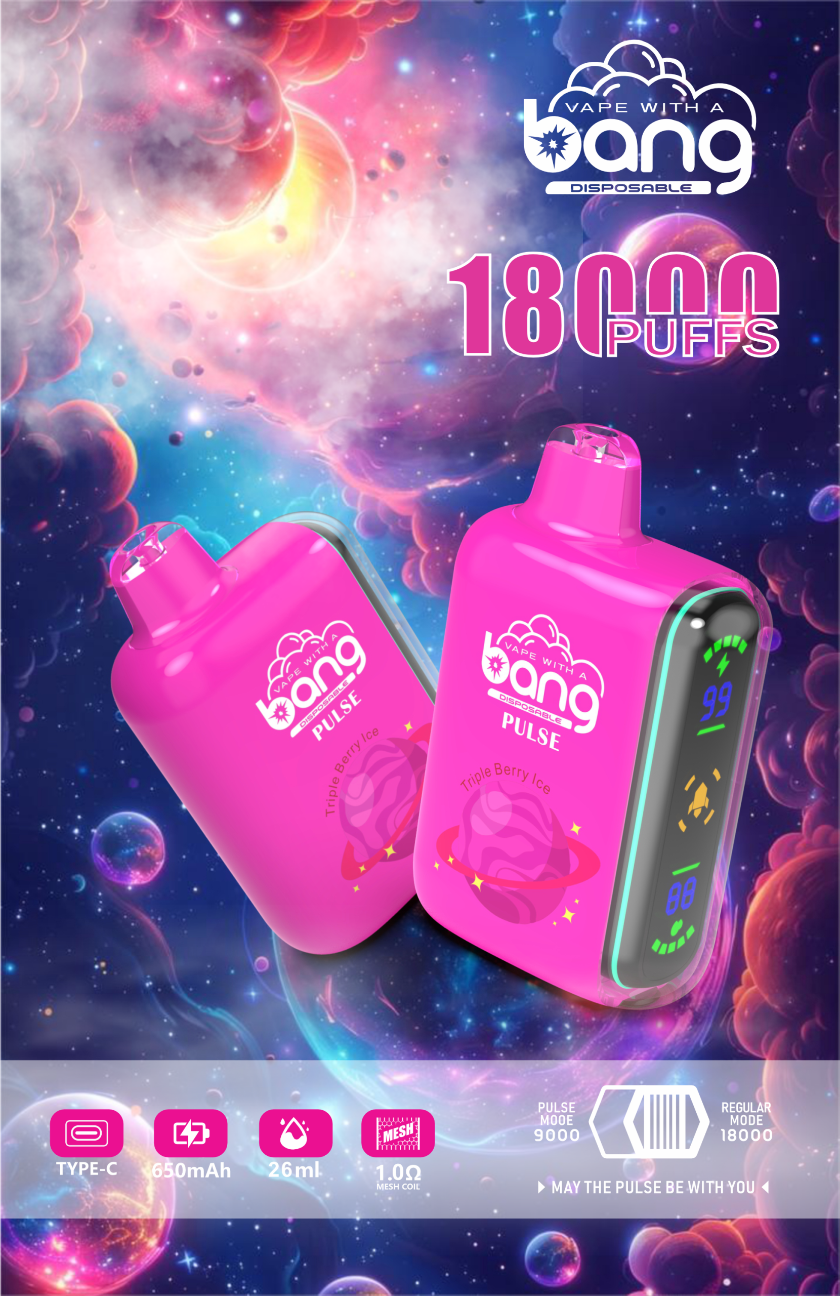vapesocialcircle.com Bang Pulse 18K(18000) Puffs Adjustable Airflow 26ml E-liquid 0% 2% 3% 5% Nicotine Type-C Charging Disposable Vape