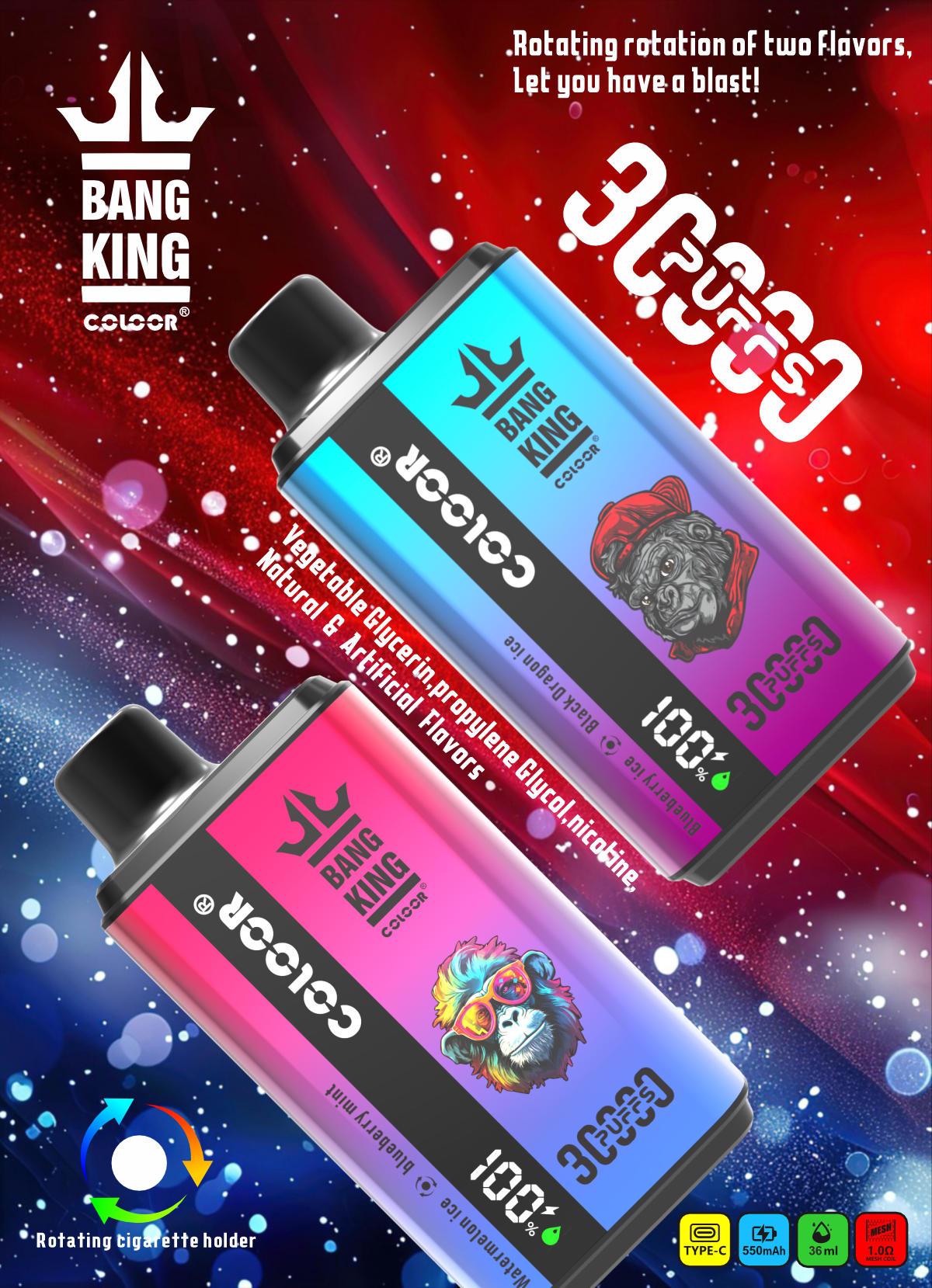 vapesocialcircle.com Bang King 30K(30000) Puffs New Double Flavor 0% 2% 3% 5% Nicotine LED Digital Display 36ml E-liquid Disposable Vape